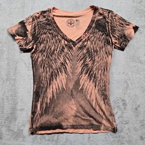 Y2KL Affliction Shirt Womens Small Salmon Color Wings Feather V Neck Sort Sleeve